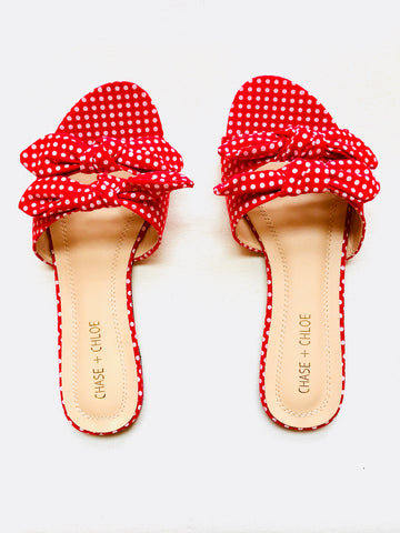 Red Double Bow Tie Polka Dot Slide Sandals