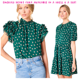 Emerald HEART Print Cora Dress with Pleated Ruffle Collar & Keyhole Back