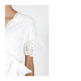 White Eyelet Bell Sleeve Wrap Top with Tie Waist