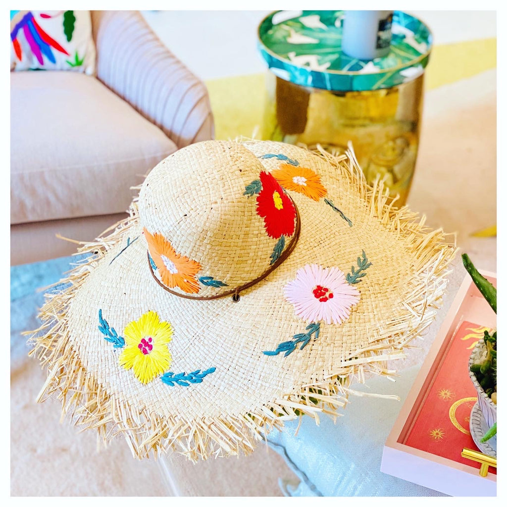 Raffia Straw Sun Hat with Hand EMBROIDERED Flowers & Adjustable Strap ...