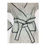 Grey Soft Knit Belted Duster Jacket with Black Embroidery Detail, V-Cut Sleeve Hem & Front Pockets
