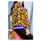 Black Orange & Taupe Leopard Print Knit Sweater with PINK & ROYAL BLUE Banded Contrast Hem