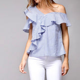 Blue White Stripe 1 Shoulder Top with Cascading Ruffle Hem & Biased Cut Faux Buttons