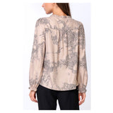 Taupe & Gold Shimmer Leopard Button Down Ruffle Sleeve Blouse with Ruffled Sweetheart Neckline