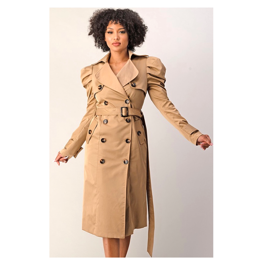Camel Shirred Puff Sleeve Double Breasted Sophisticated Belted Trench ...