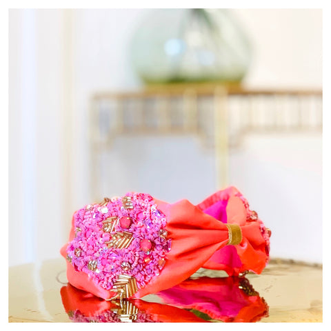 Pink Coral & Gold Beaded Headband with Pink Jewel Accents