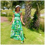 Green Retro Print Smocked Ruffle Kathleen Dress