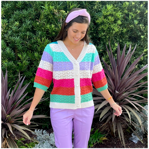 FRNCH Colorblock Fine Knit Evelyne Short Sleeve Cardigan Sweater
