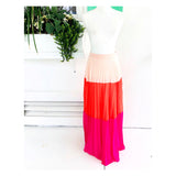 Fuchsia & Bright Poppy Red Color Block Pleated Maxi Skirt