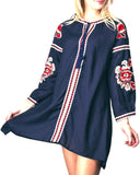 High Low Navy Tunic Dress with Red and White Embroidery and Tassel Tie