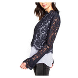 Navy Lace Long Sleeve Top with Pinstripe Shirttail Hem Contrast