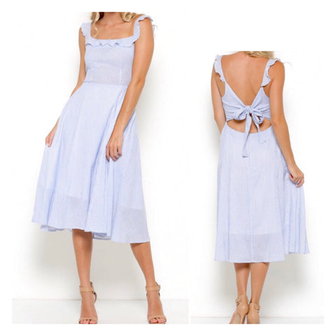 Baby Blue Stripe A-Line Flutter Sleeve Midi Dress with Open Bow Back