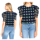 Navy & Kelly Green Floral Crochet Puff Sleeve Top with Keyhole Back