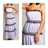 Red White & Navy Blue Stripe Tiered Maxi Dress with Tassels & RicRac Trim