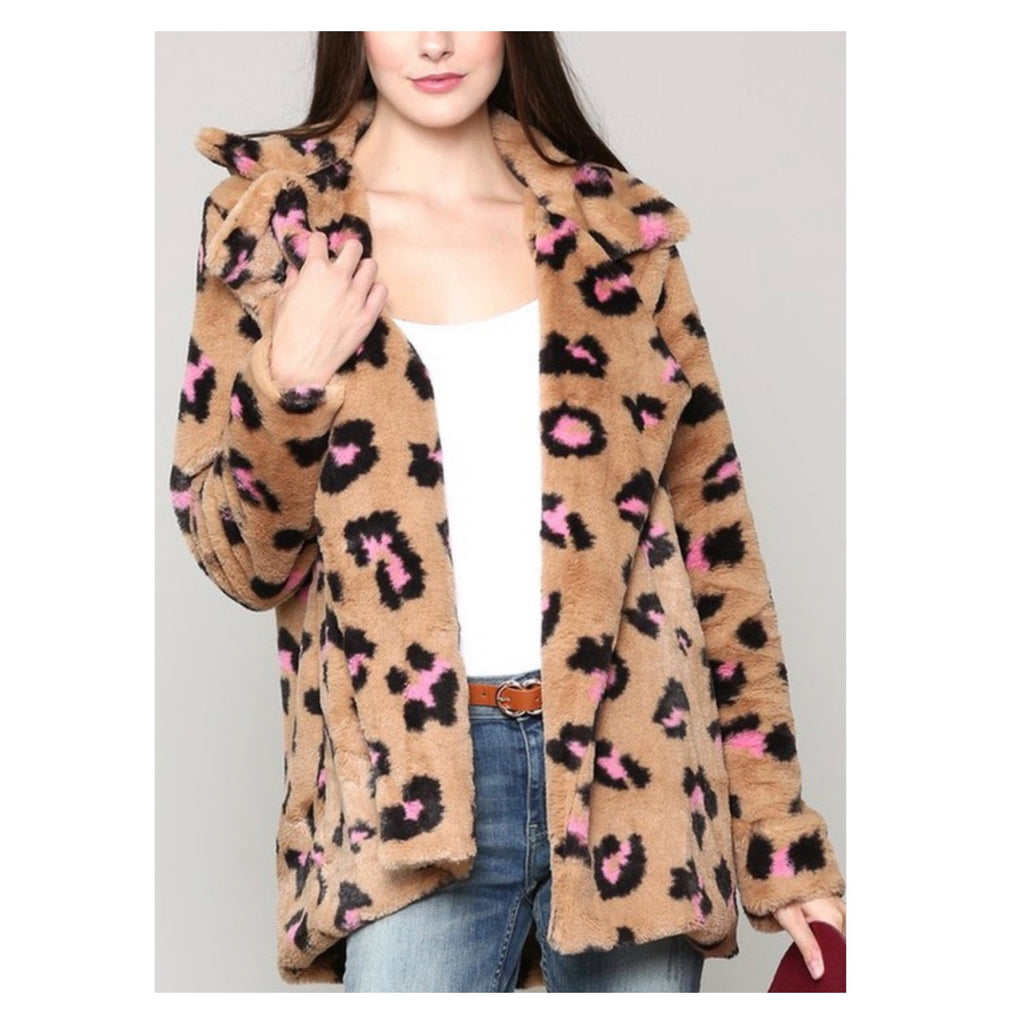 Camel Hot PINK & Black Leopard Faux Fur Swing Coat - James Ascher