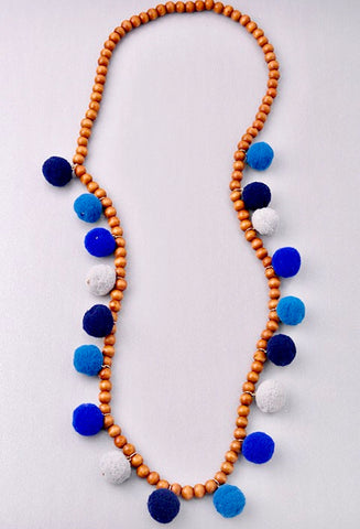 Wood Necklace with Blue Multi Pom Poms