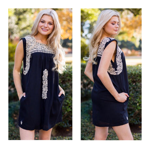 Black & Taupe Embroidered Textile Dress with POCKETS