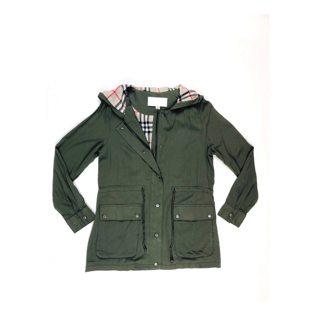 Olive Green Burberry-esque Utility Jacket with Plaid & Toggle Waist Cinch - James Ascher