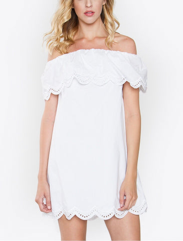 White Off the Shoulder Scallop Trim Dress with Eyelet Detail