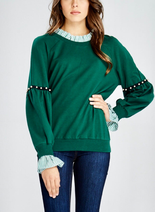 Green Contrast Layer Sweater with Ruffle and Pearl Accent Detail