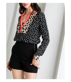 Black Long Sleeve Top with White Dots & Taupe & Orange Abstract Contrast
