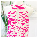 White & Fuchsia Abstract Brush Stroke Print Sleeveless Shift Dress with Keyhole Back