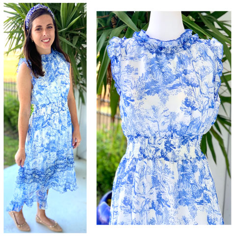 Blue & White Chinois Ruffle Dress