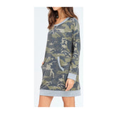 Camo Long Sleeve French Terry Knit Dress with Kangaroo Pocket & Grey Banded Contrast