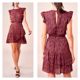 Wine Red & METALLIC GOLD Tiered Ruffle Hem Flare Dress with Banded Waist & Keyhole Back