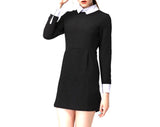 Long Sleeve Black A-Line Dress with White Collar & Cuff Detail with Back Zip