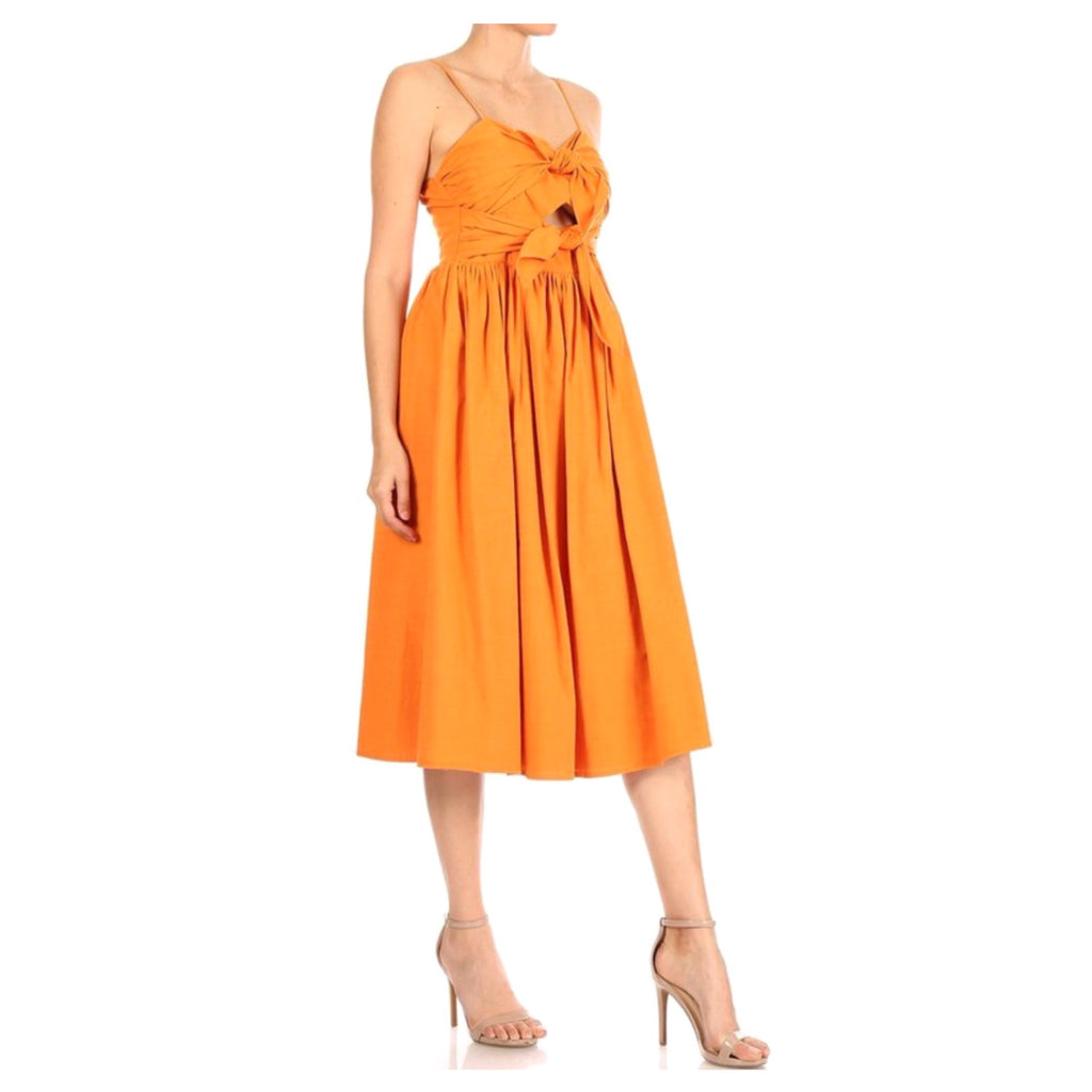 Burnt Orange Linen Blend Double Bow Front Midi Dress with Pleated Ruffle Hem - James Ascher Burnt Orange Linen Blend Double Bow Front Midi Dress with Pleated Ruffle Hem - James Ascher