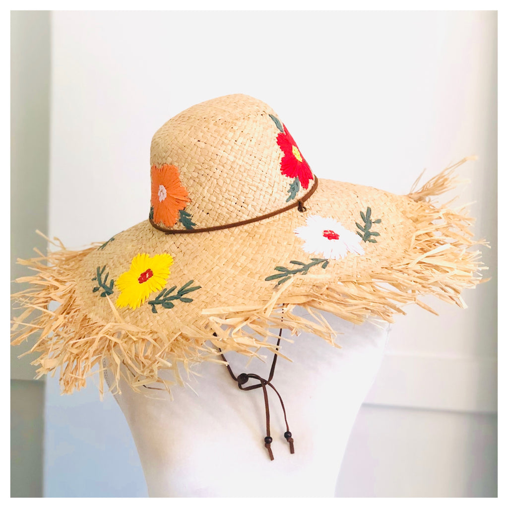 Natural Feathered & Embroidered Flamingo Paper Straw Frayed Edge Hat with  Adjustable Drawstring - James Ascher