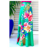 Green Satin A-Line Floral Print Midi Skirt with Banded Waist