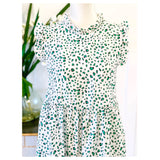 White & Kelly Green Spots Flutter Sleeve Ruffle Neck Dress with Keyhole Back