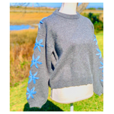Grey & Blue EMBROIDERED Flower Crewneck Sweater