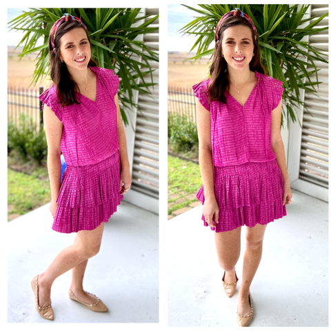 Raspberry Pleated Smocked Waist Dress