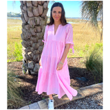 Pink Ribbon Sleeve Textured Olivia Dress