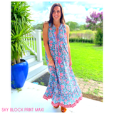 Sky Block Print Ruffle Neck Maxi Dress
