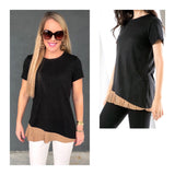 Charcoal Short Sleeve Top with Taupe Asymmetrical Pleated Hem