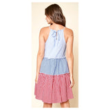 Red White & Blue Gingham Tiered Ruffle Hem Halter Dress with Keyhole Back