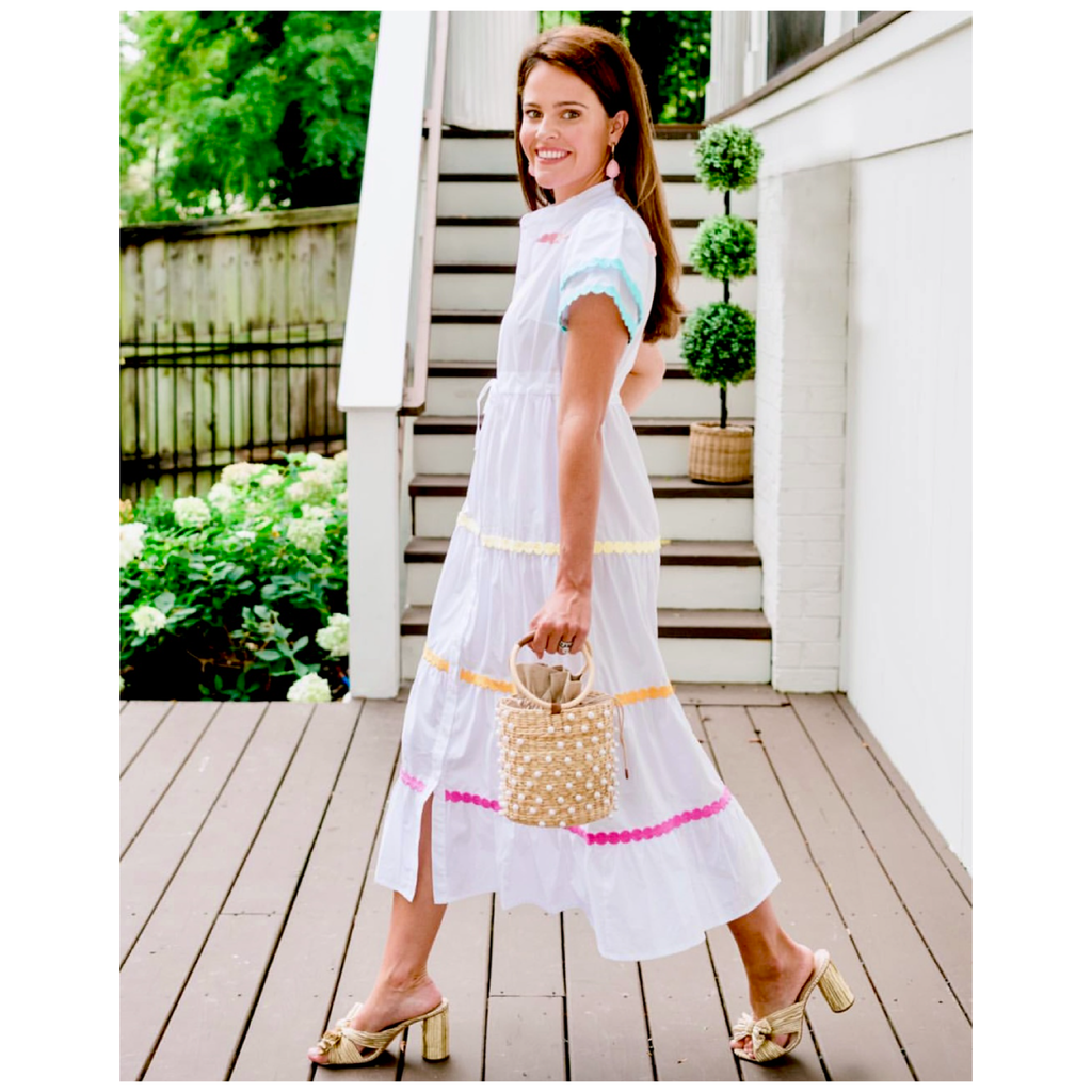 White Embroidered Rainbow Trim Coco Dress - James Ascher White Embroidered Rainbow Trim Coco Dress - James Ascher