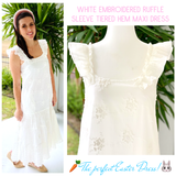 White Embroidered Ruffle Sleeve Tiered Hem Dress with Pockets