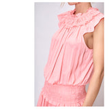 Flamingo Pink Accordion Ruffle Dress with Smocked Waist & Ruffle Hem
