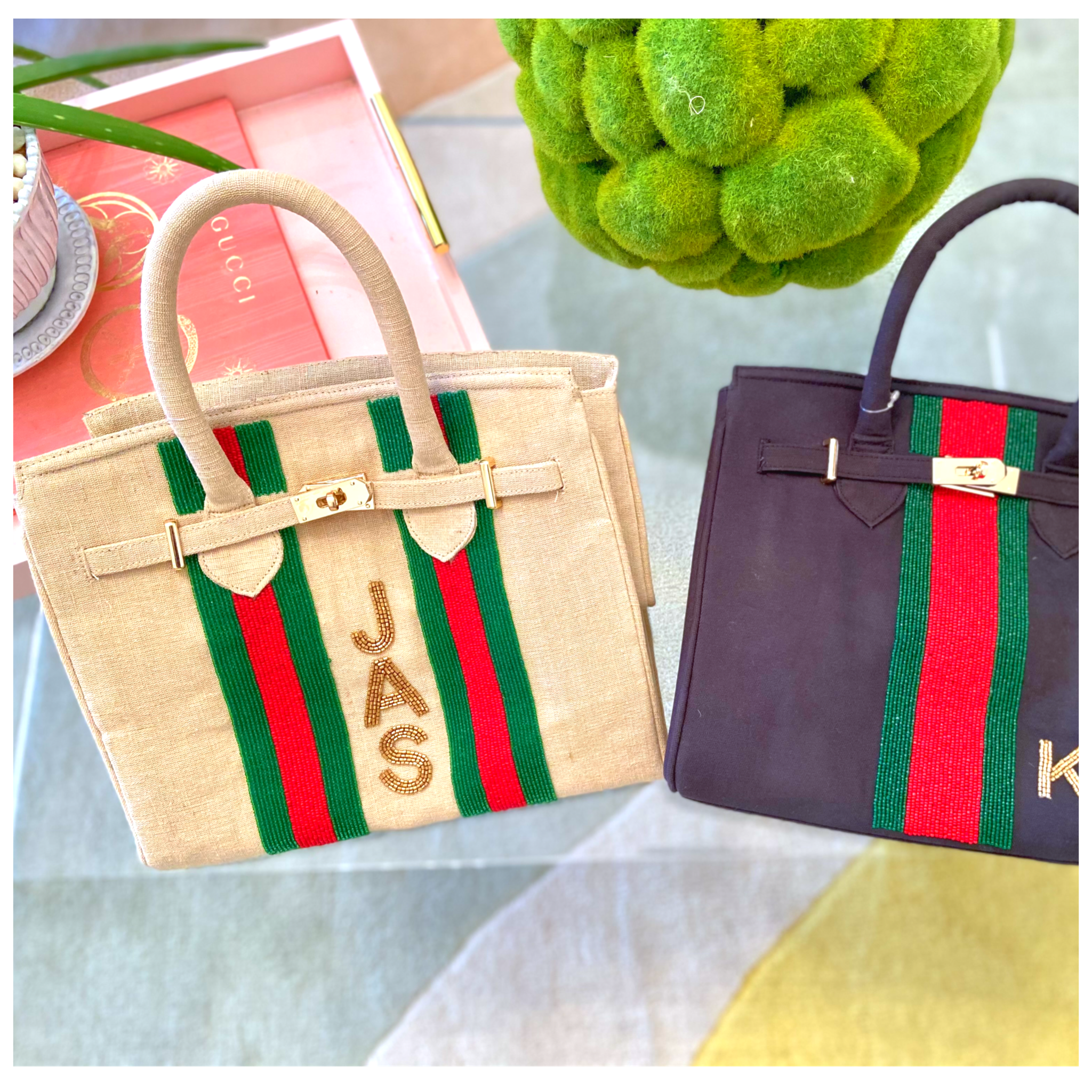 Natural or Black Handmade Beaded Red Green Stripe Canvas Bag