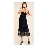 Black Flutter Sleeve Tiered Chiffon Midi Dress with Banded Waist