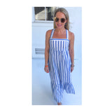 Marine Blue Stripe Shirred Hem Maxi Dress with Crisscross Back & Pockets