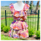 Coral Lavender & Pink Tie Dye Ruffle Front High Waisted Shorts