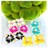 Multicolor Gold Painted Flower 1.75” Stud Earrings with Pearl & Rhinestone Center