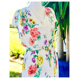 White Yellow Green Coral & Lavender Floral Midi Dress with Ruffle Waist Trim
