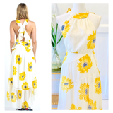 White Sunflower Print Swiss Dot Chiffon Hi-Lo Dress with Crisscross Flutter Back